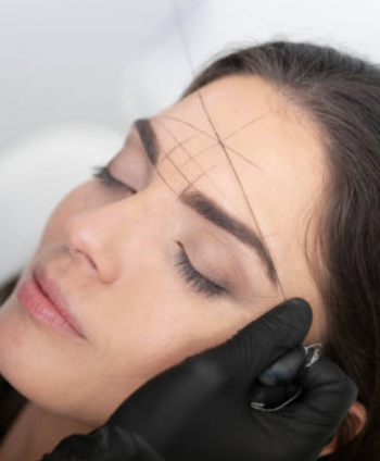 Junge Frau bei der Augenbrauen vorgezeichnet werden mit Uncut Brow Brow Thread